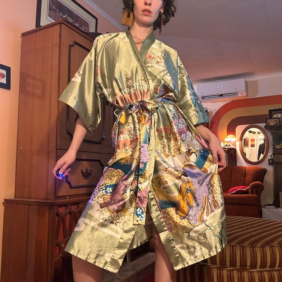 vintage Other - 1980s 100% silk geisha girl cherry blossom printed belted kimono robe - by Orien